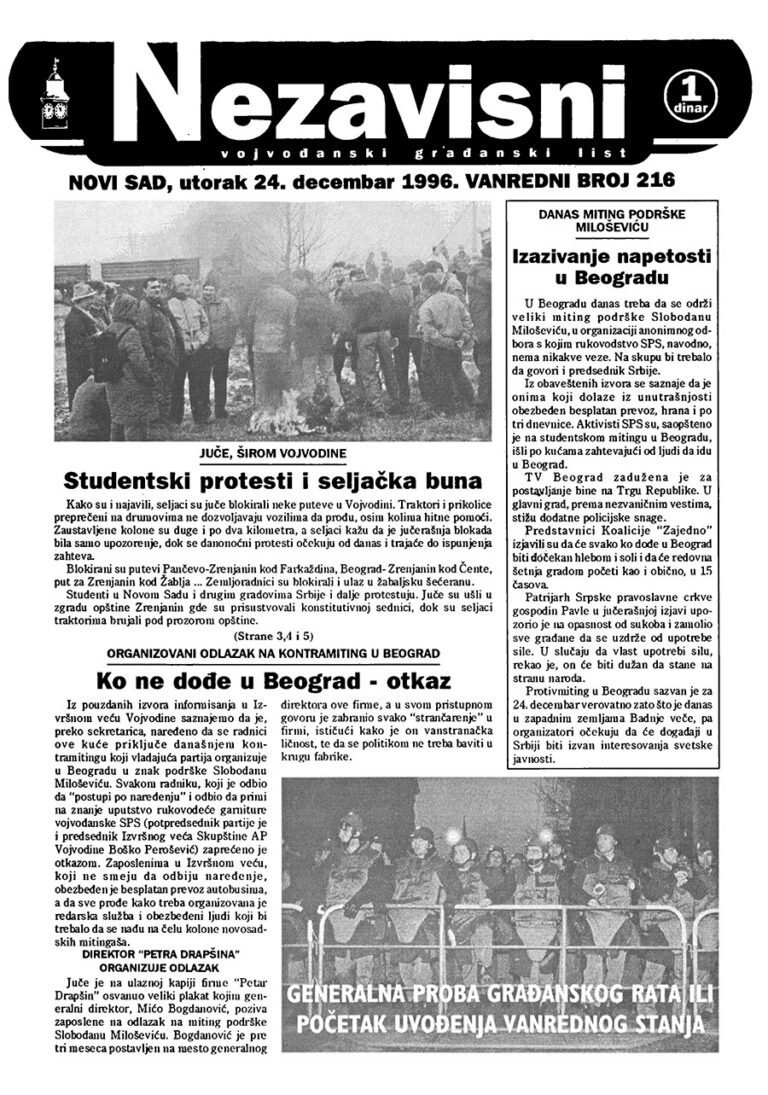 Nezavisni — broj 216, naslovna strana