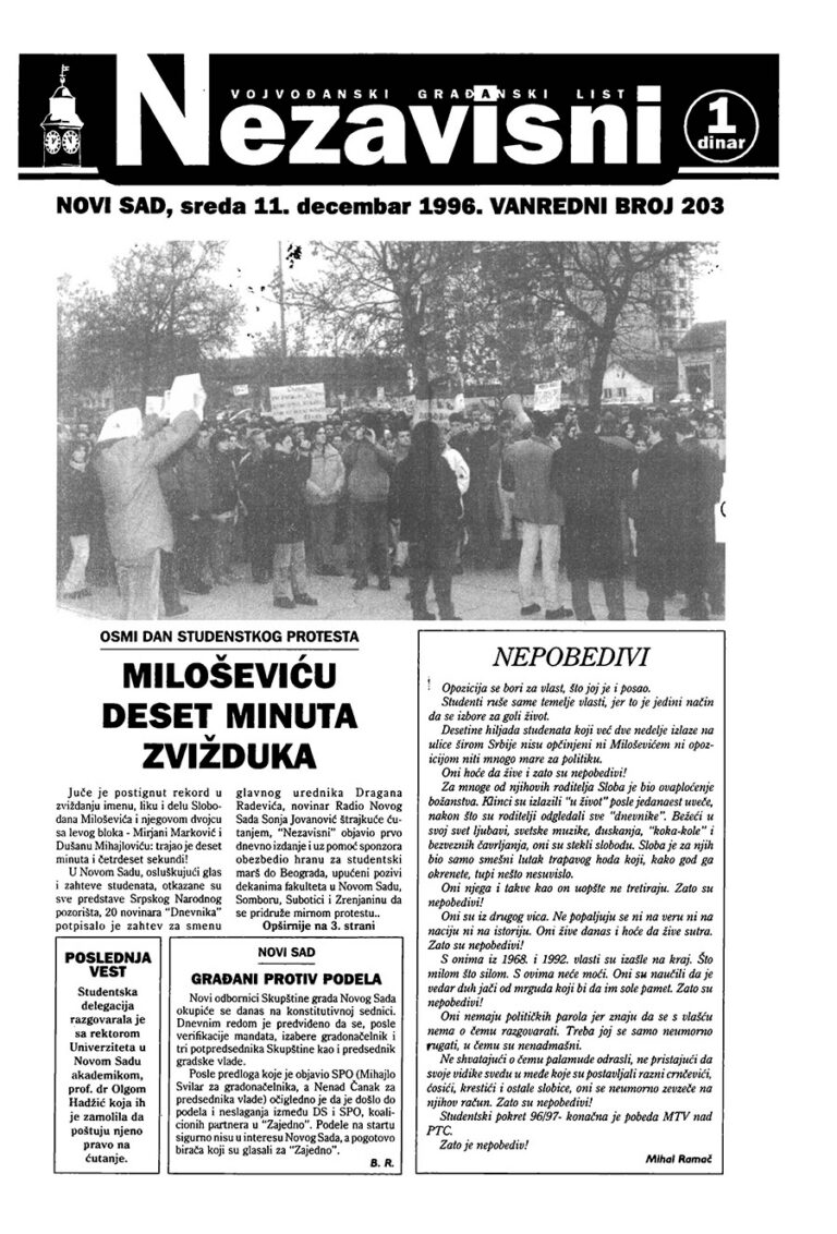 Nezavisni — broj 203, naslovna strana